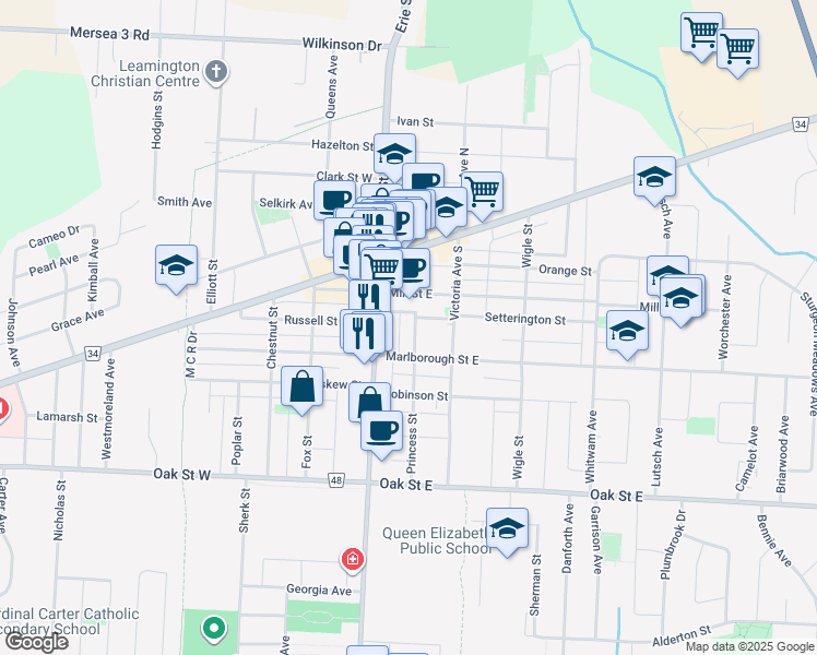 map of restaurants, bars, coffee shops, grocery stores, and more near 49 Princess Street in Essex County