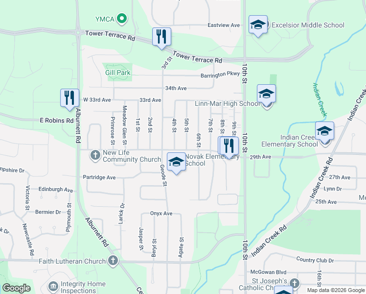 map of restaurants, bars, coffee shops, grocery stores, and more near 2900 5th Street in Marion