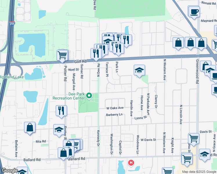 map of restaurants, bars, coffee shops, grocery stores, and more near 9413 Oak Avenue in Des Plaines