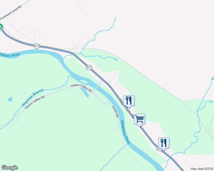 map of restaurants, bars, coffee shops, grocery stores, and more near 1069 Olean-Portville Road in Portville