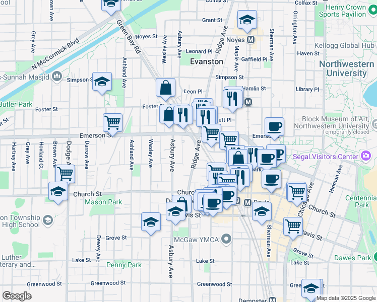 map of restaurants, bars, coffee shops, grocery stores, and more near 1822 Ridge Avenue in Evanston