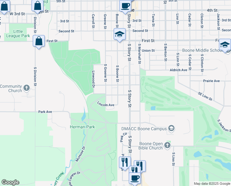 map of restaurants, bars, coffee shops, grocery stores, and more near 527 South Boone Street in Boone