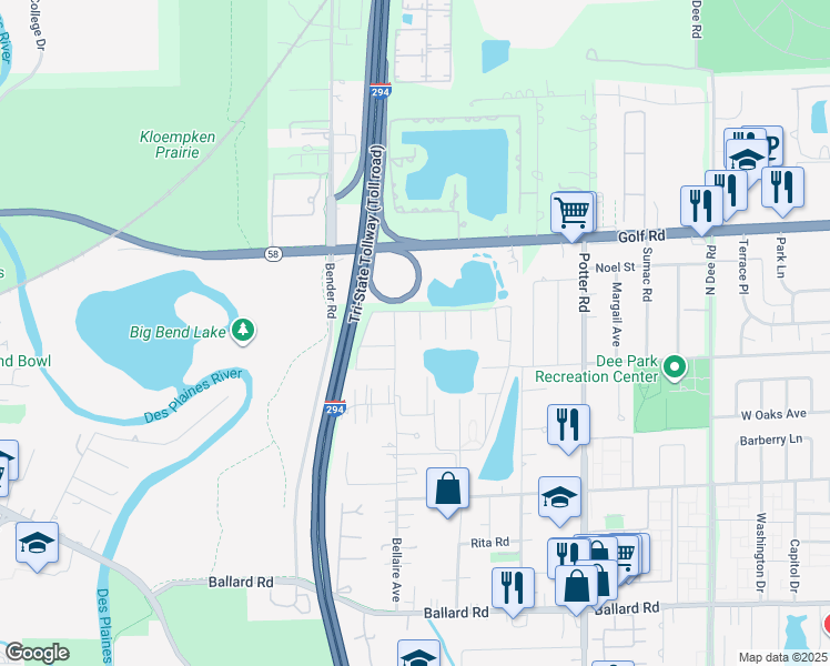 map of restaurants, bars, coffee shops, grocery stores, and more near 9464 Bay Colony Drive in Des Plaines
