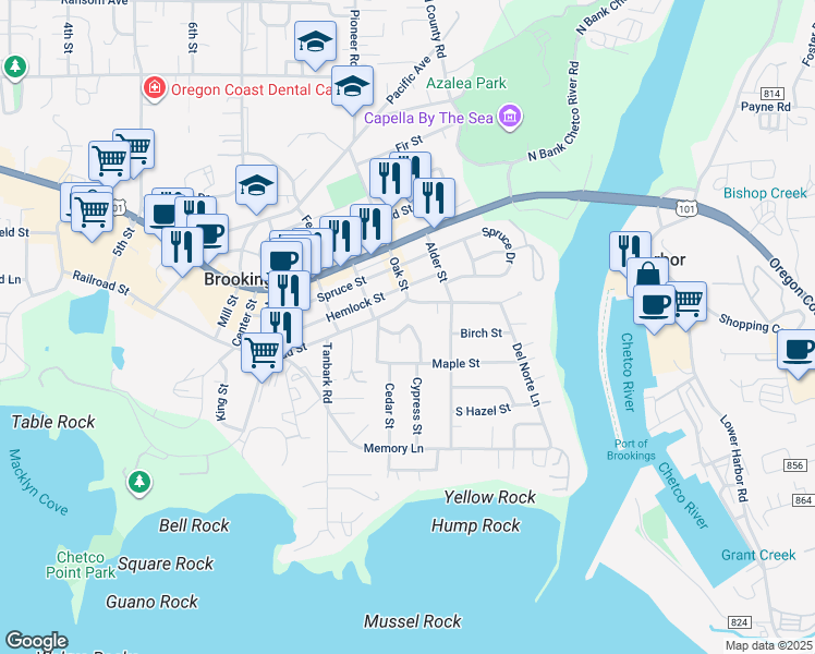 map of restaurants, bars, coffee shops, grocery stores, and more near 39 Floral Drive in Brookings