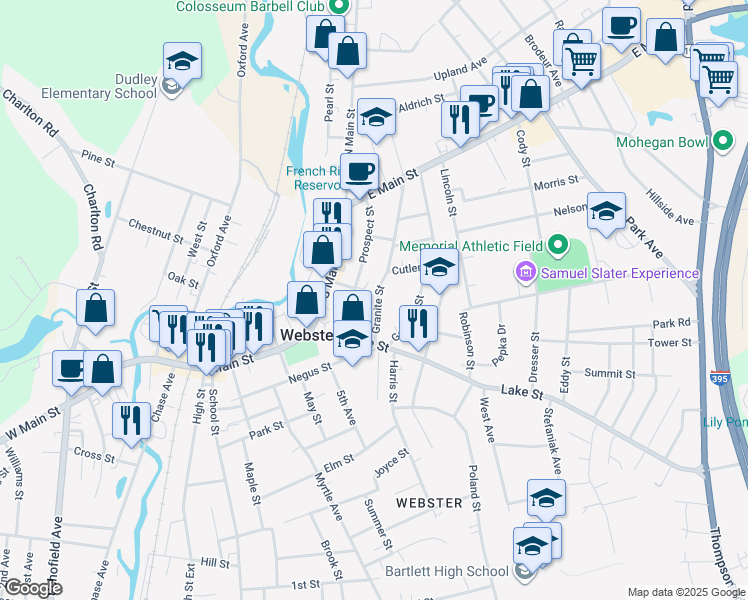 map of restaurants, bars, coffee shops, grocery stores, and more near 18R Granite Street in Webster