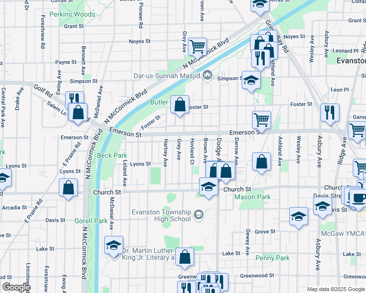 map of restaurants, bars, coffee shops, grocery stores, and more near 1823 Grey Avenue in Evanston