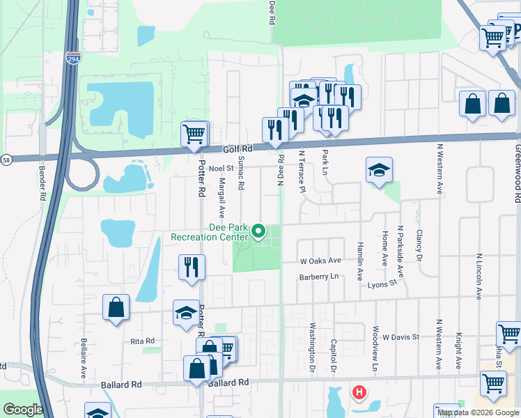 map of restaurants, bars, coffee shops, grocery stores, and more near 9415B Sumac Road in Des Plaines