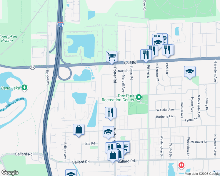 map of restaurants, bars, coffee shops, grocery stores, and more near 9413 Ironwood Lane in Des Plaines
