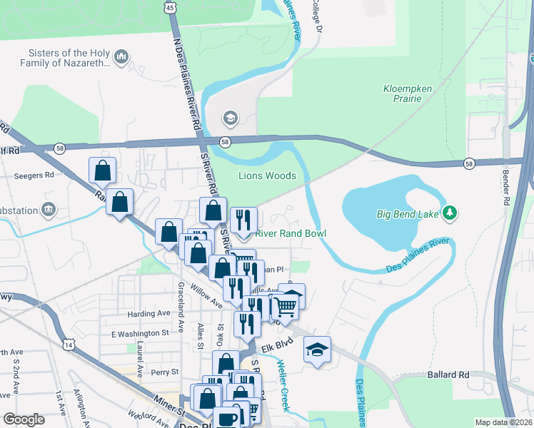 map of restaurants, bars, coffee shops, grocery stores, and more near 186 Grove Avenue in Des Plaines