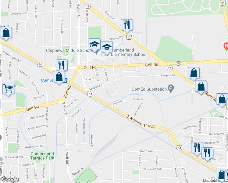 map of restaurants, bars, coffee shops, grocery stores, and more near 748 Hanbury Drive in Des Plaines