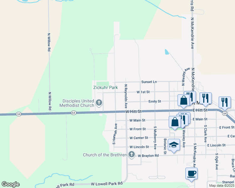 map of restaurants, bars, coffee shops, grocery stores, and more near 407 West 1st Street in Mount Morris