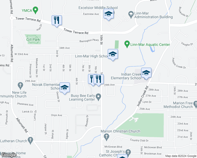 map of restaurants, bars, coffee shops, grocery stores, and more near 2920 9th Street in Marion