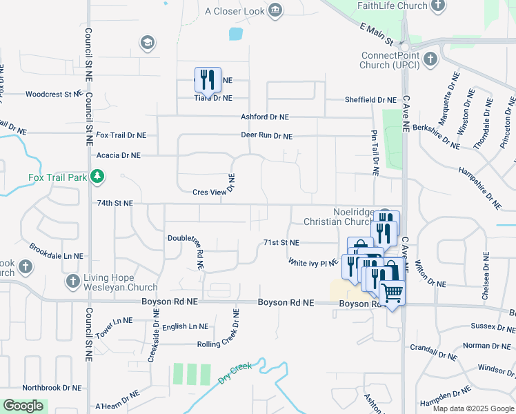 map of restaurants, bars, coffee shops, grocery stores, and more near 917 74th Street Northeast in Cedar Rapids