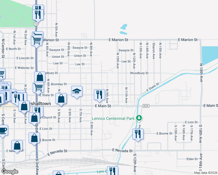 map of restaurants, bars, coffee shops, grocery stores, and more near 100-198 North 9th Avenue in Marshalltown