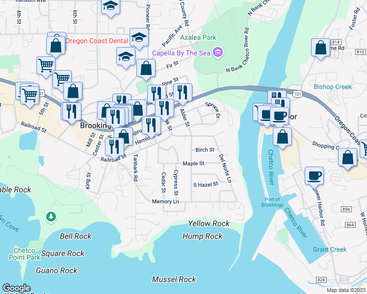 map of restaurants, bars, coffee shops, grocery stores, and more near 315 Alder Street in Brookings