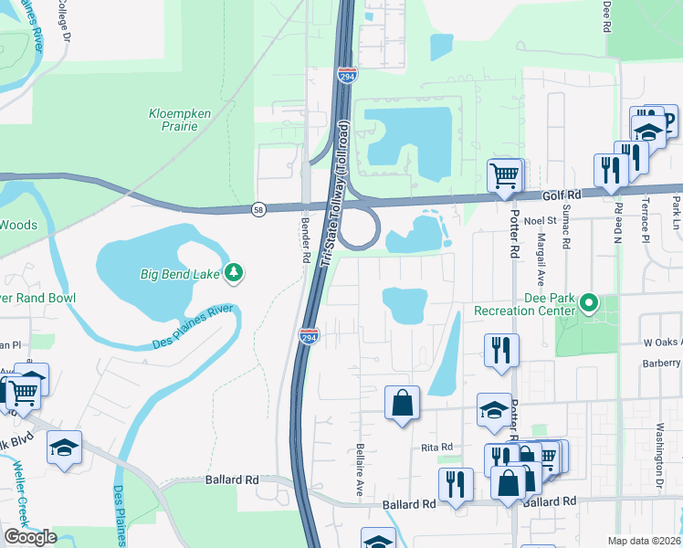 map of restaurants, bars, coffee shops, grocery stores, and more near 9462 Bay Colony Drive in Des Plaines