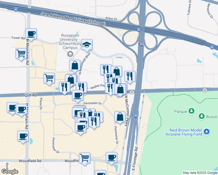 map of restaurants, bars, coffee shops, grocery stores, and more near in Schaumburg