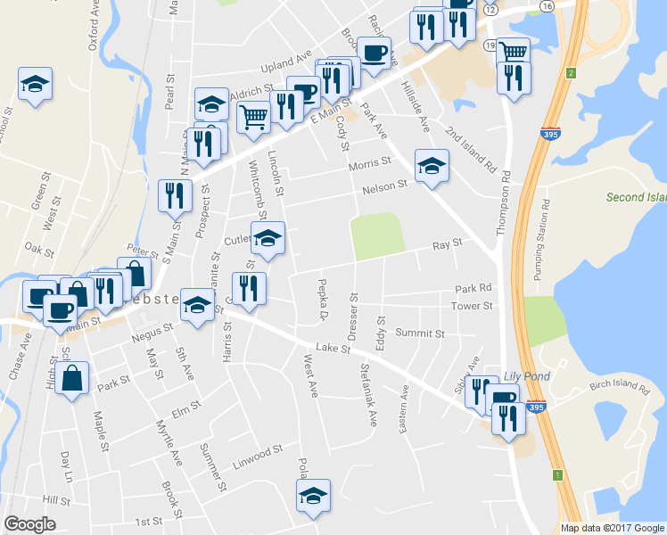 map of restaurants, bars, coffee shops, grocery stores, and more near 22 Ray Street in Webster
