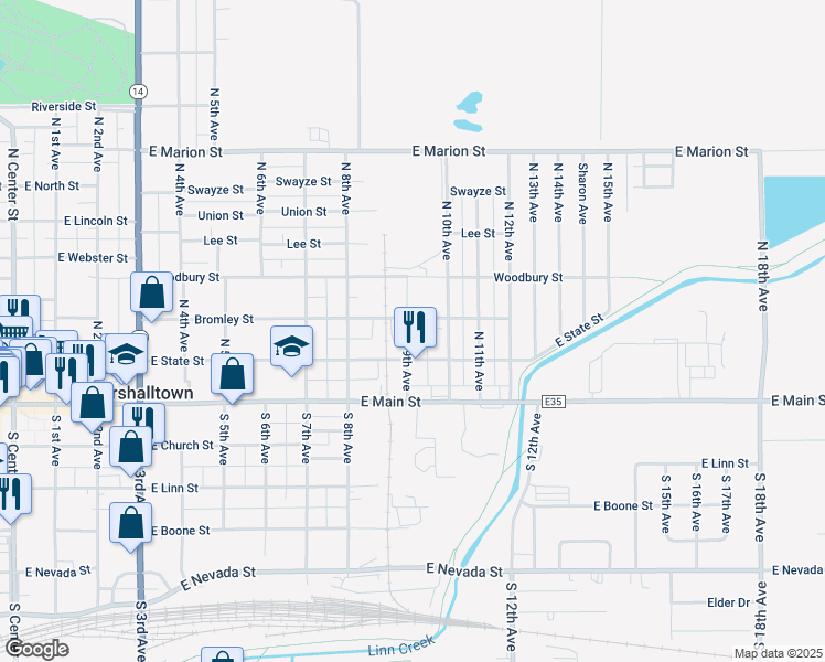 map of restaurants, bars, coffee shops, grocery stores, and more near 100-198 North 9th Avenue in Marshalltown