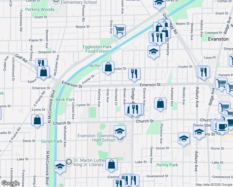 map of restaurants, bars, coffee shops, grocery stores, and more near 1823 Grey Avenue in Evanston