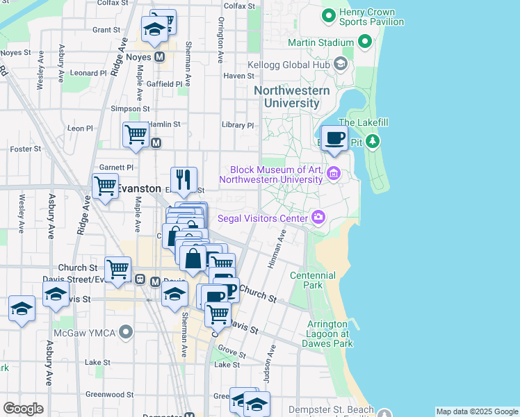 map of restaurants, bars, coffee shops, grocery stores, and more near 1881 Sheridan Road in Evanston