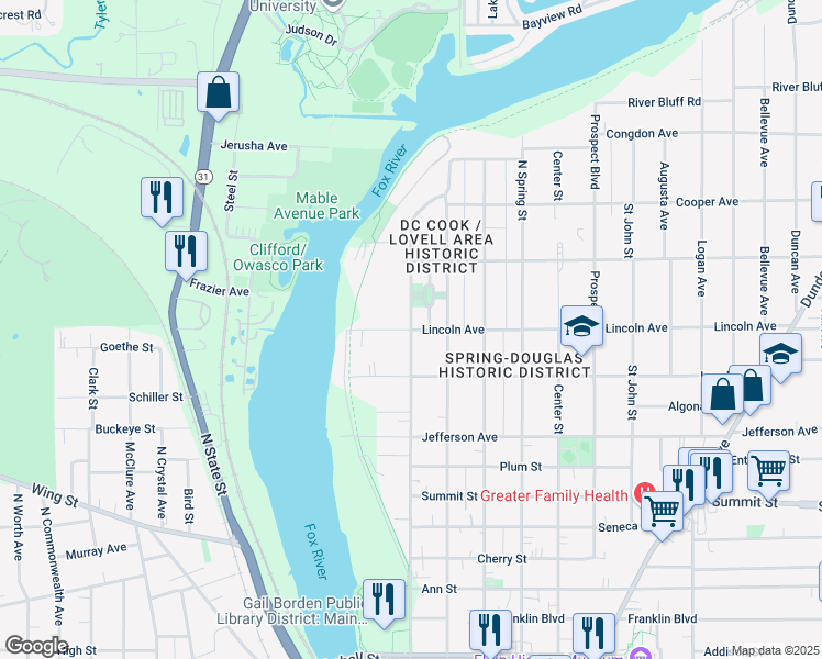 map of restaurants, bars, coffee shops, grocery stores, and more near 49 Lincoln Avenue in Elgin