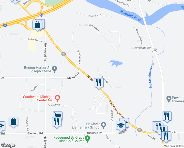 map of restaurants, bars, coffee shops, grocery stores, and more near 3737 Niles Road in St. Joseph