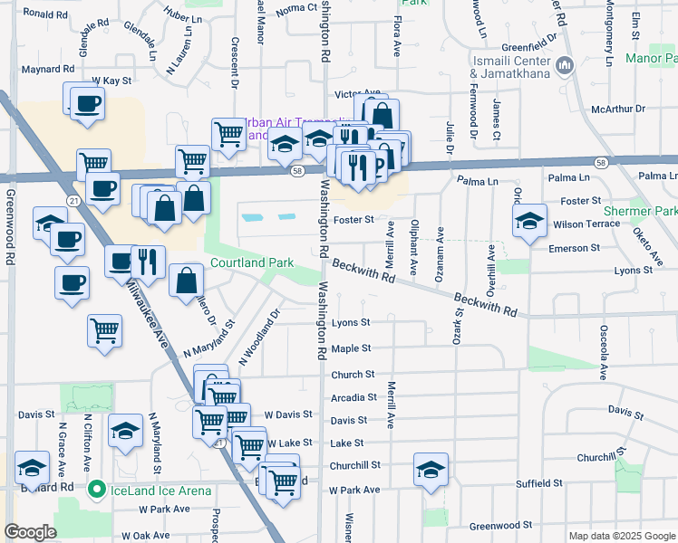 map of restaurants, bars, coffee shops, grocery stores, and more near 7949 Beckwith Road in Morton Grove