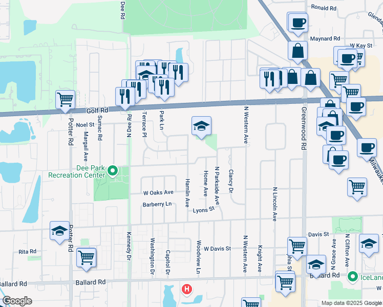 map of restaurants, bars, coffee shops, grocery stores, and more near 9408 Hamlin Avenue in Des Plaines