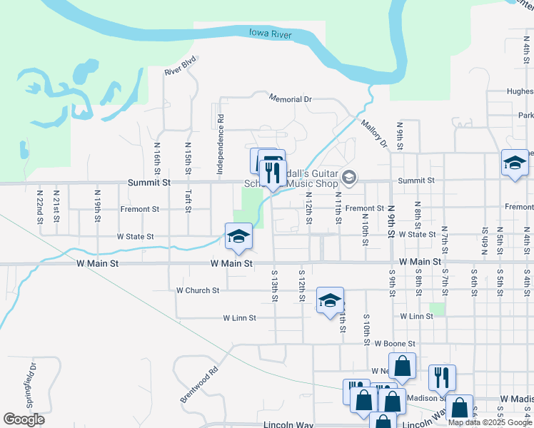 map of restaurants, bars, coffee shops, grocery stores, and more near 110 North 13th Street in Marshalltown
