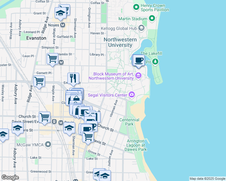 map of restaurants, bars, coffee shops, grocery stores, and more near 1881 Sheridan Road in Evanston
