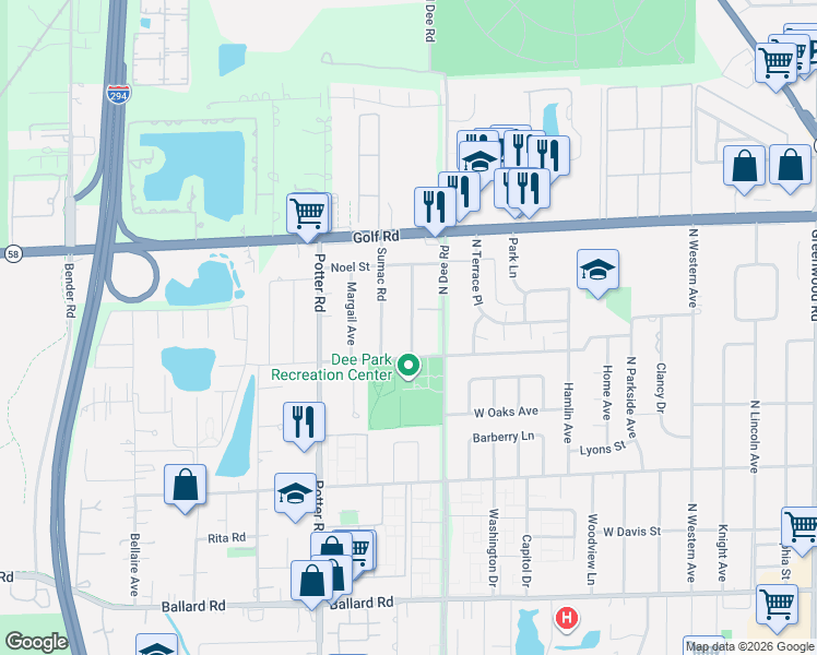 map of restaurants, bars, coffee shops, grocery stores, and more near 9415B Sumac Road in Des Plaines