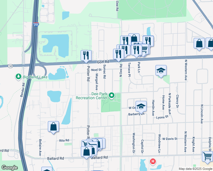 map of restaurants, bars, coffee shops, grocery stores, and more near 9408 Sumac Road in Des Plaines