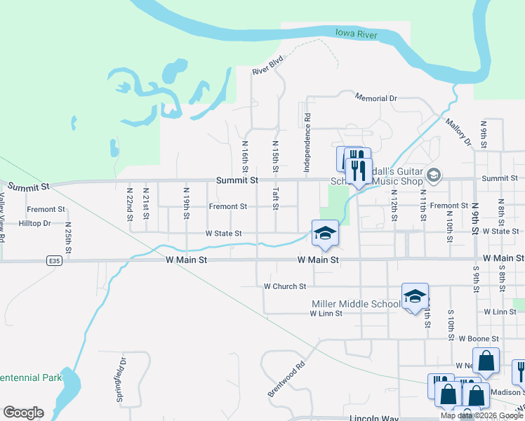 map of restaurants, bars, coffee shops, grocery stores, and more near 100-198 Taft Street in Marshalltown