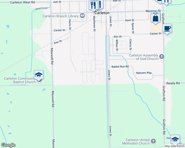 map of restaurants, bars, coffee shops, grocery stores, and more near 10270 Bedford Street in Carleton