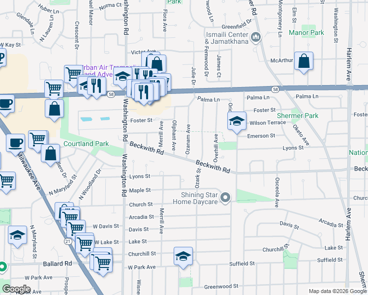 map of restaurants, bars, coffee shops, grocery stores, and more near 9338 Ozanam Avenue in Morton Grove