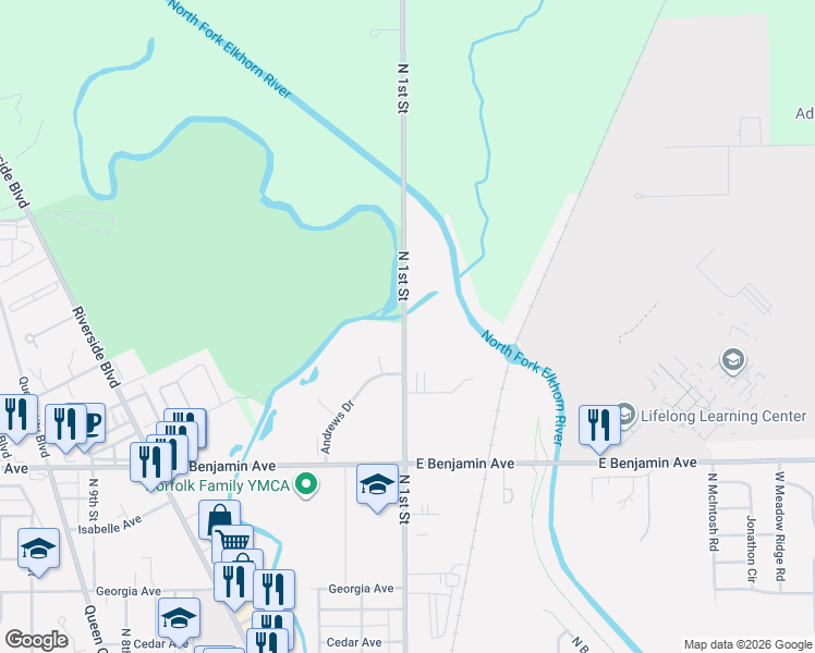 map of restaurants, bars, coffee shops, grocery stores, and more near 1510 North 1st Street in Norfolk
