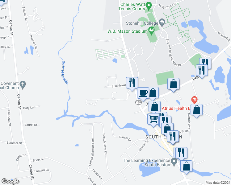 map of restaurants, bars, coffee shops, grocery stores, and more near 3 Roosevelt Circle in Easton