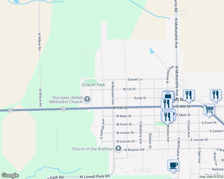 map of restaurants, bars, coffee shops, grocery stores, and more near 407 West 1st Street in Mount Morris