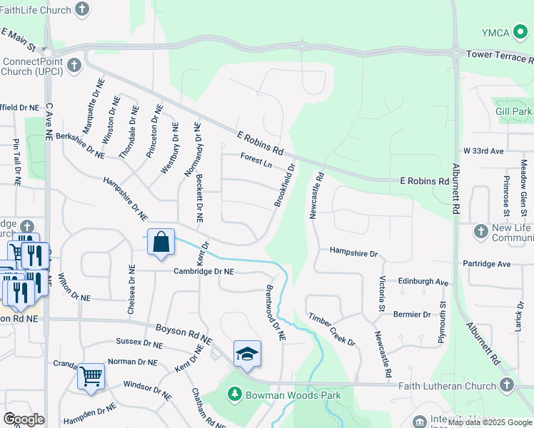 map of restaurants, bars, coffee shops, grocery stores, and more near 3037 Brookfield Drive in Marion
