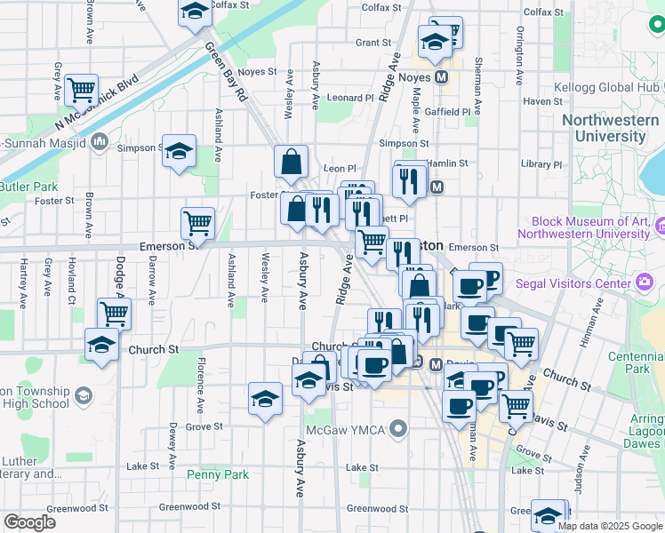 map of restaurants, bars, coffee shops, grocery stores, and more near 1822 Ridge Avenue in Evanston