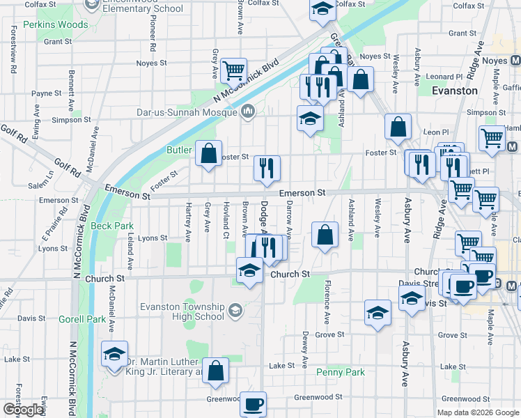 map of restaurants, bars, coffee shops, grocery stores, and more near 1820 Dodge Avenue in Evanston