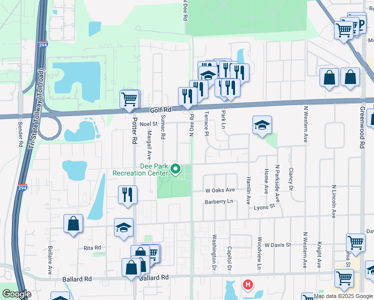 map of restaurants, bars, coffee shops, grocery stores, and more near 9417 Dee Road in Des Plaines