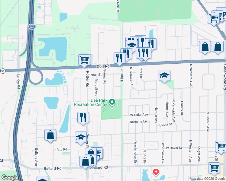 map of restaurants, bars, coffee shops, grocery stores, and more near 9415B Sumac Road in Des Plaines