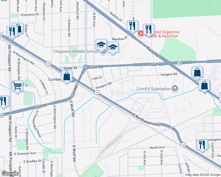 map of restaurants, bars, coffee shops, grocery stores, and more near 748 Hanbury Drive in Des Plaines
