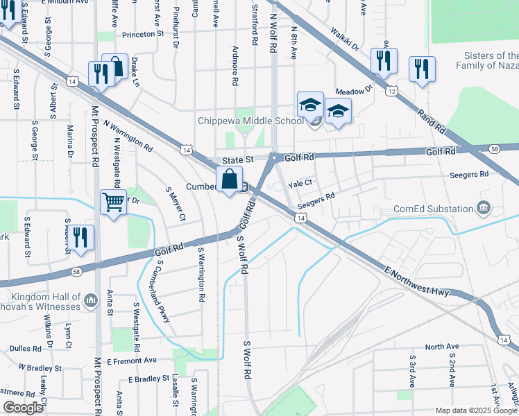 map of restaurants, bars, coffee shops, grocery stores, and more near 581 Harvey Avenue in Des Plaines