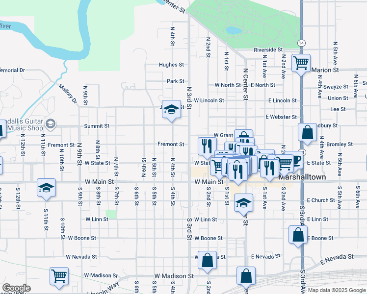 map of restaurants, bars, coffee shops, grocery stores, and more near 107 North 4th Street in Marshalltown
