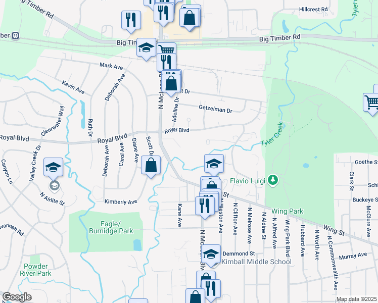 map of restaurants, bars, coffee shops, grocery stores, and more near 801 North McLean Boulevard in Elgin