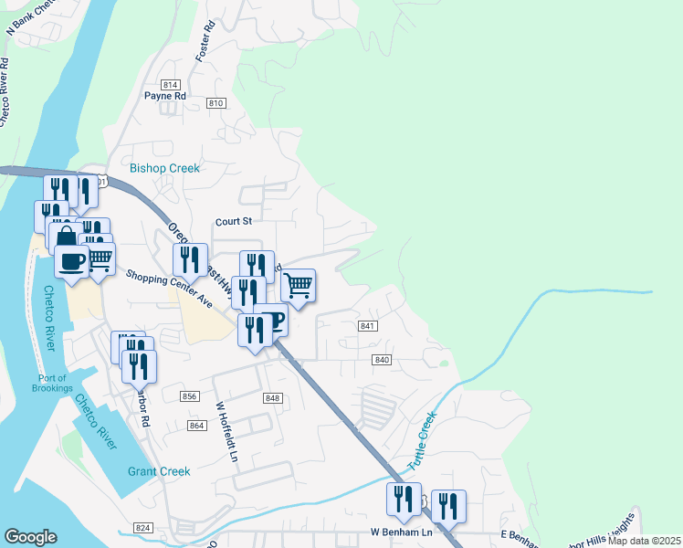 map of restaurants, bars, coffee shops, grocery stores, and more near 98070 Hallway Road in Brookings