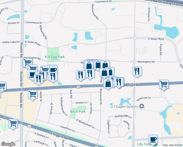 map of restaurants, bars, coffee shops, grocery stores, and more near 410 East Golf Road in Schaumburg